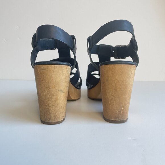 A.P.C. Navy Platform Sandals with Wood Block Heels - Picture 2 of 16